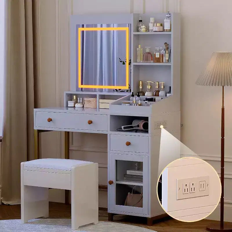 Acekool Vanity Desk with Lighted Mirror, Power Outlet, Acrylic Cabinet, 2 Drawers, Open Storage Shelves, 3-Color LED, Makeup Table, White