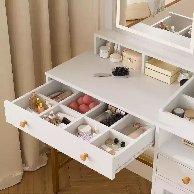 Acekool Vanity Desk with Lighted Mirror, Power Outlet, Acrylic Cabinet, 2 Drawers, Open Storage Shelves, 3-Color LED, Makeup Table, White
