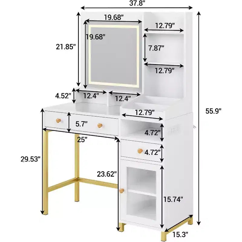 Acekool Vanity Desk with Lighted Mirror, Power Outlet, Acrylic Cabinet, 2 Drawers, Open Storage Shelves, 3-Color LED, Makeup Table, White