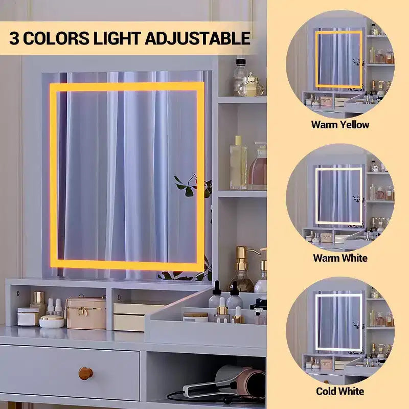 Acekool Vanity Desk with Lighted Mirror, Power Outlet, Acrylic Cabinet, 2 Drawers, Open Storage Shelves, 3-Color LED, Makeup Table, White