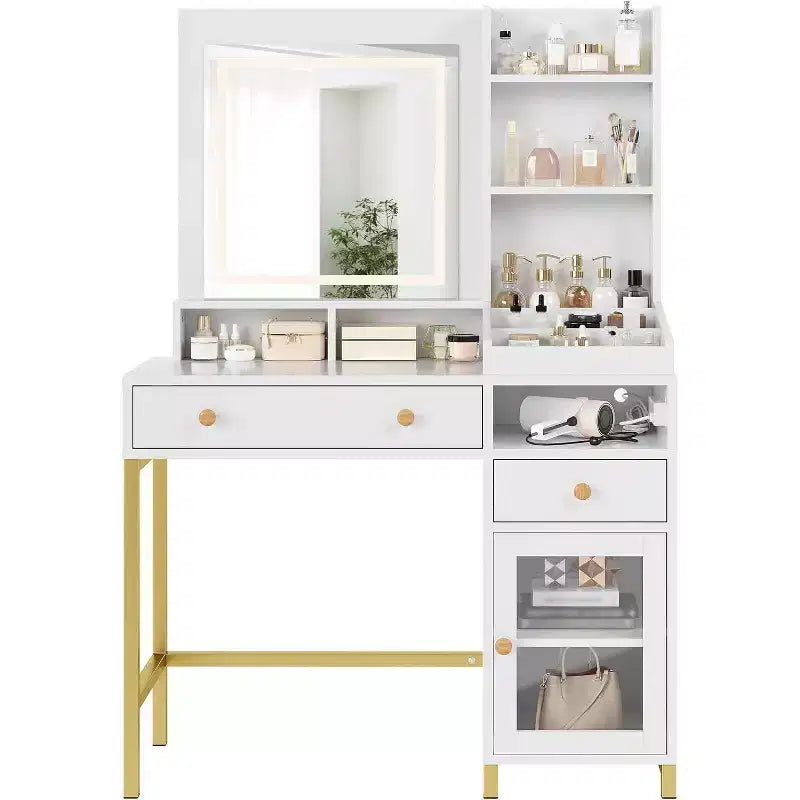 Acekool Vanity Desk with Lighted Mirror, Power Outlet, Acrylic Cabinet, 2 Drawers, Open Storage Shelves, 3-Color LED, Makeup Table, White