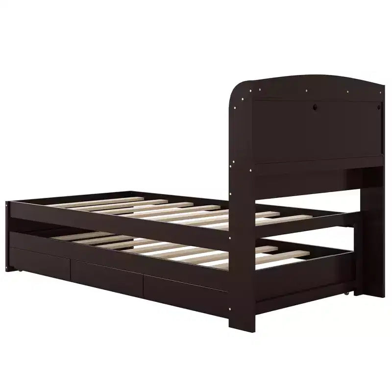 Twin XL Size Platform Bed Frame with Storage LED Headboard, Charging Station, Twin Size Trundle and 2 Drawers - ModernLuxe