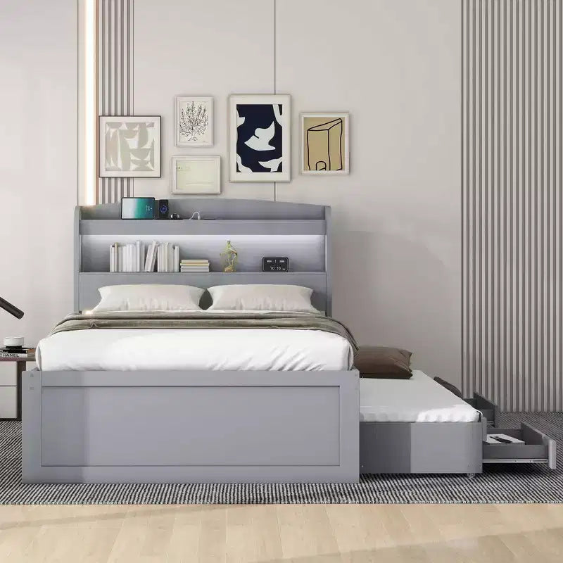 Twin XL Size Platform Bed Frame with Storage LED Headboard, Charging Station, Twin Size Trundle and 2 Drawers - ModernLuxe