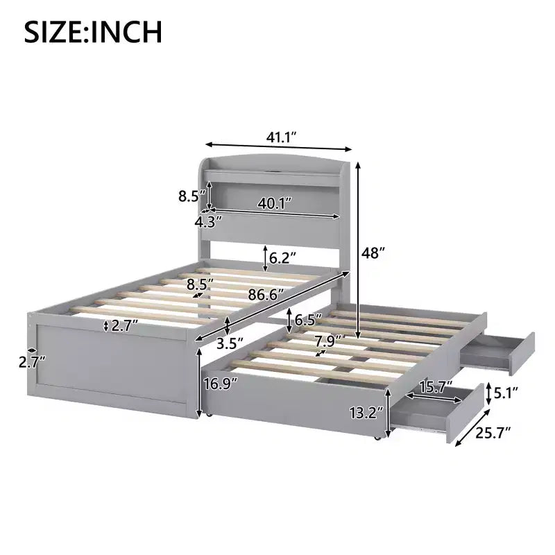 Twin XL Size Platform Bed Frame with Storage LED Headboard, Charging Station, Twin Size Trundle and 2 Drawers - ModernLuxe