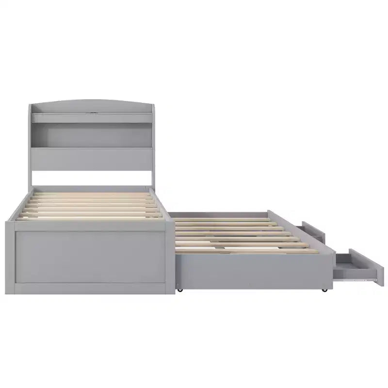 Twin XL Size Platform Bed Frame with Storage LED Headboard, Charging Station, Twin Size Trundle and 2 Drawers - ModernLuxe