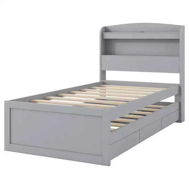 Twin XL Size Platform Bed Frame with Storage LED Headboard, Charging Station, Twin Size Trundle and 2 Drawers - ModernLuxe