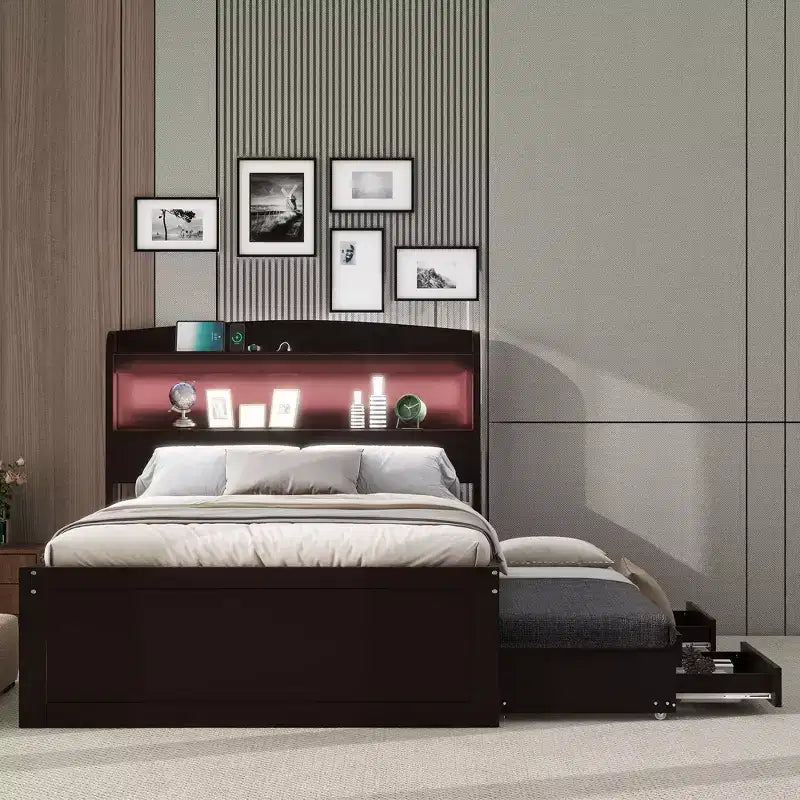 Twin XL Size Platform Bed Frame with Storage LED Headboard, Charging Station, Twin Size Trundle and 2 Drawers - ModernLuxe