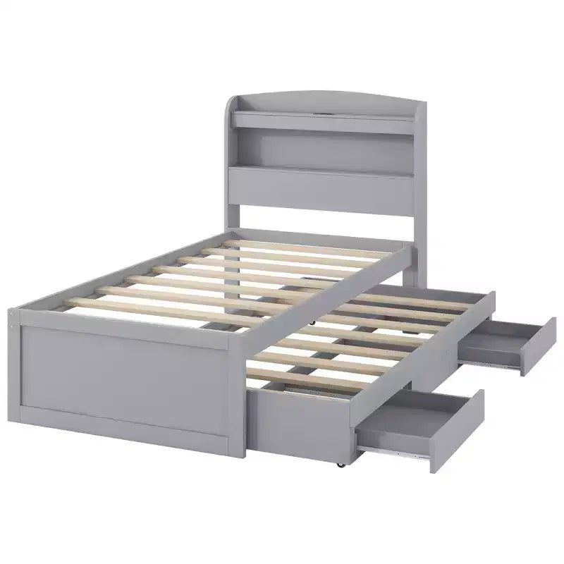 Twin XL Size Platform Bed Frame with Storage LED Headboard, Charging Station, Twin Size Trundle and 2 Drawers - ModernLuxe