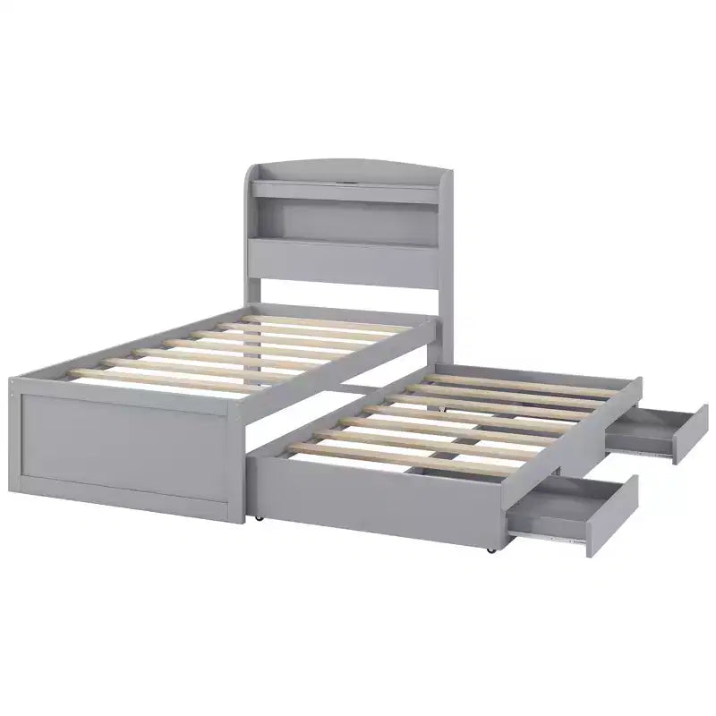 Twin XL Size Platform Bed Frame with Storage LED Headboard, Charging Station, Twin Size Trundle and 2 Drawers - ModernLuxe