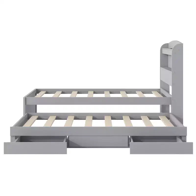 Twin XL Size Platform Bed Frame with Storage LED Headboard, Charging Station, Twin Size Trundle and 2 Drawers - ModernLuxe