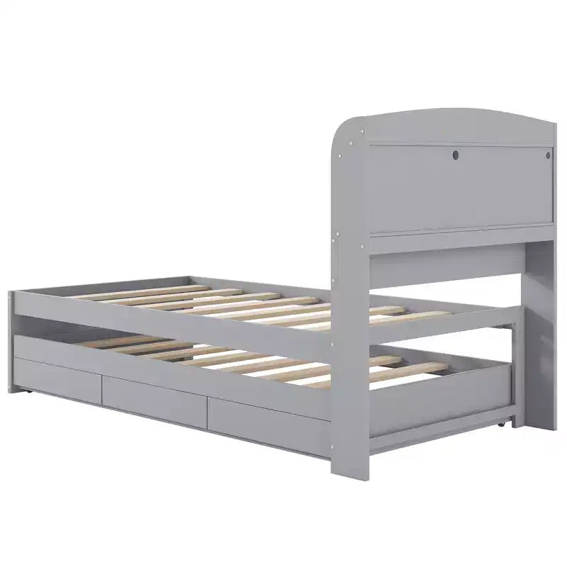 Twin XL Size Platform Bed Frame with Storage LED Headboard, Charging Station, Twin Size Trundle and 2 Drawers - ModernLuxe