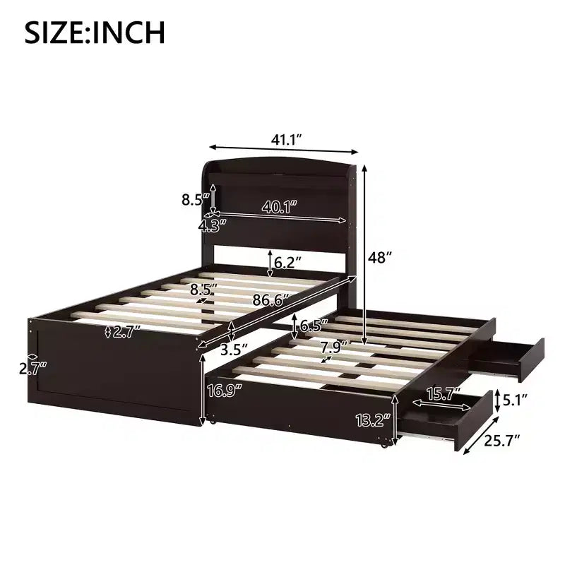 Twin XL Size Platform Bed Frame with Storage LED Headboard, Charging Station, Twin Size Trundle and 2 Drawers - ModernLuxe