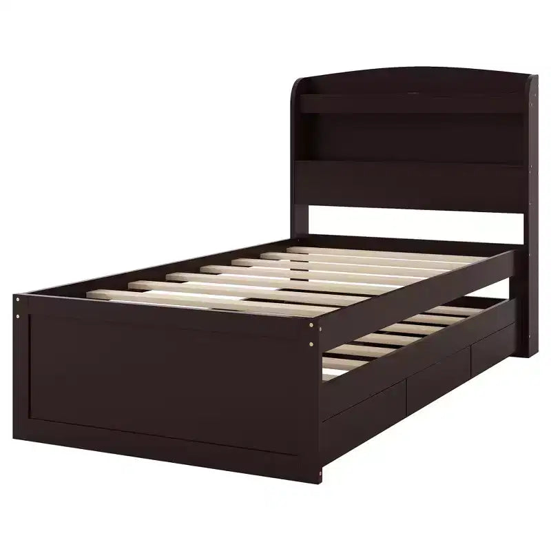 Twin XL Size Platform Bed Frame with Storage LED Headboard, Charging Station, Twin Size Trundle and 2 Drawers - ModernLuxe