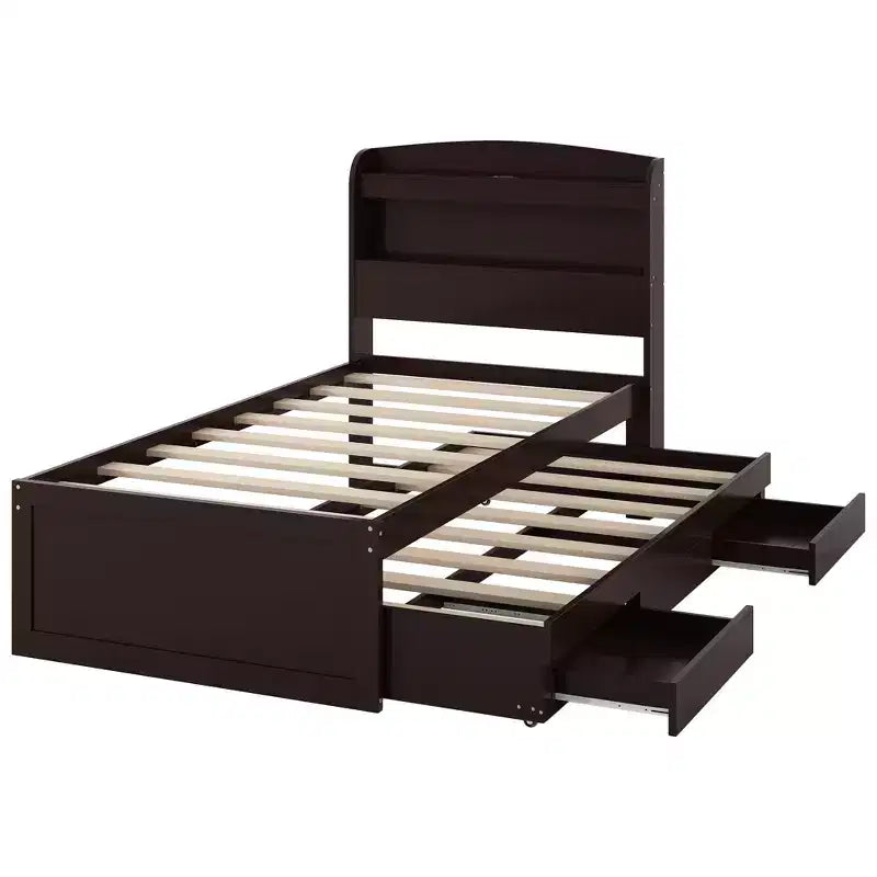Twin XL Size Platform Bed Frame with Storage LED Headboard, Charging Station, Twin Size Trundle and 2 Drawers - ModernLuxe