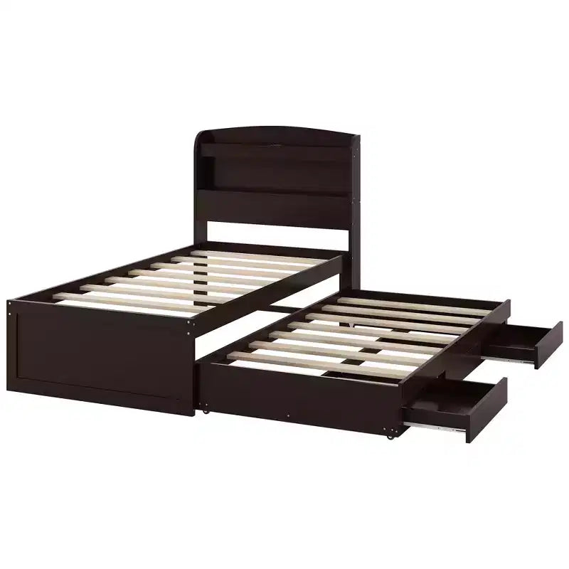Twin XL Size Platform Bed Frame with Storage LED Headboard, Charging Station, Twin Size Trundle and 2 Drawers - ModernLuxe