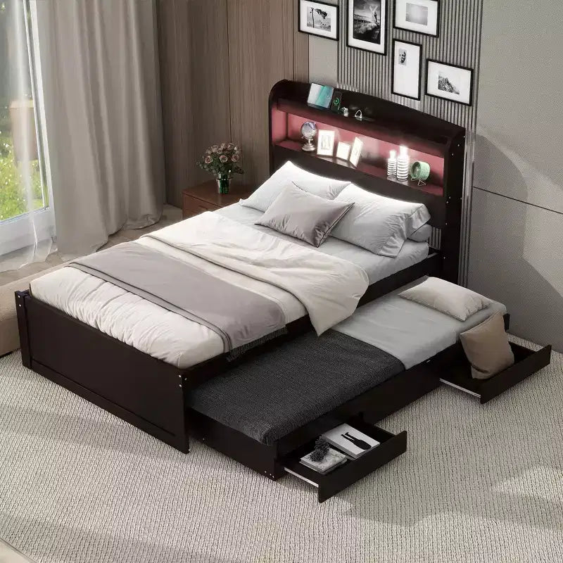 Twin XL Size Platform Bed Frame with Storage LED Headboard, Charging Station, Twin Size Trundle and 2 Drawers - ModernLuxe
