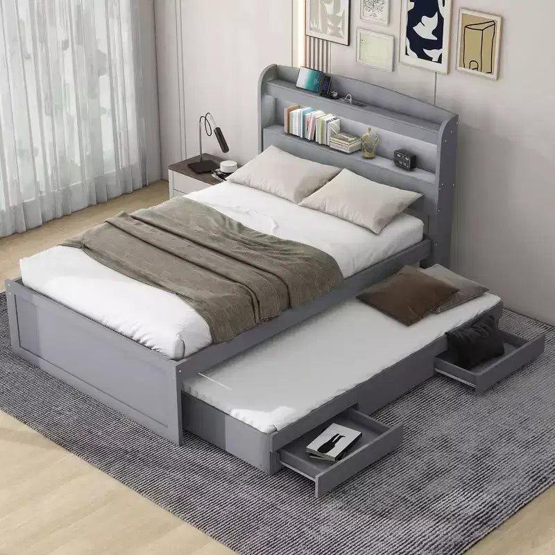 Twin XL Size Platform Bed Frame with Storage LED Headboard, Charging Station, Twin Size Trundle and 2 Drawers - ModernLuxe