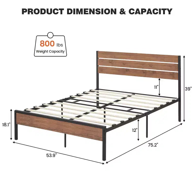 Bed Frame with Headboard - Industrial Metal Frame with Under Bed Storage, Noise-Free