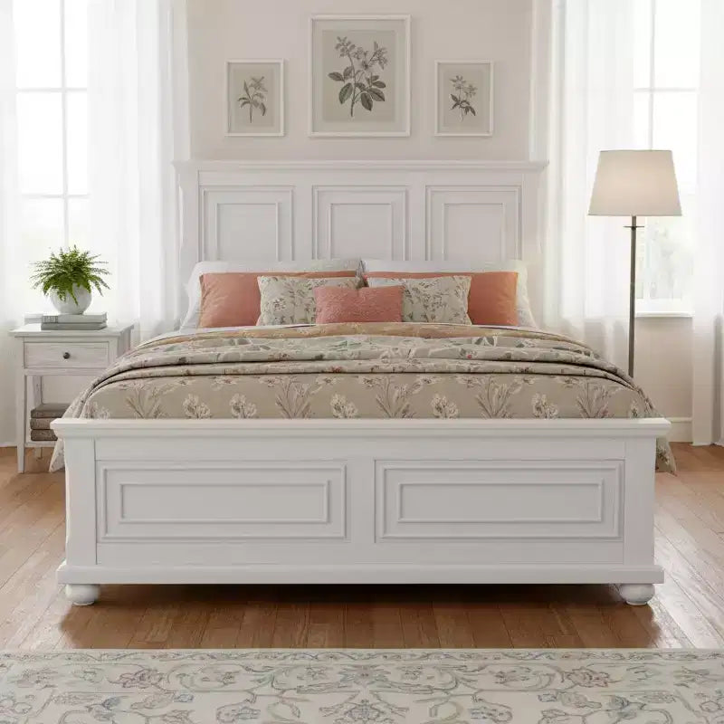 Merax Traditional Town and Country Style Pinewood Queen Bed with Decorative Fretwork and Grooved Panels