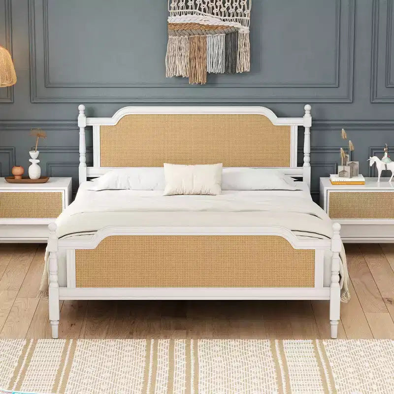 Merax Rustic & Retro Traditional Rattan Bed Frame with Pine Wood Structure