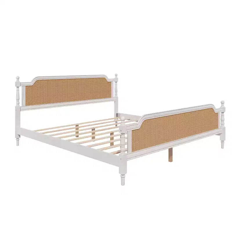 Merax Rustic & Retro Traditional Rattan Bed Frame with Pine Wood Structure