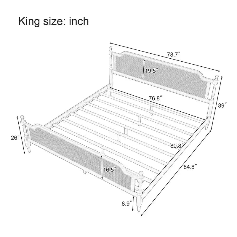 Merax Rustic & Retro Traditional Rattan Bed Frame with Pine Wood Structure