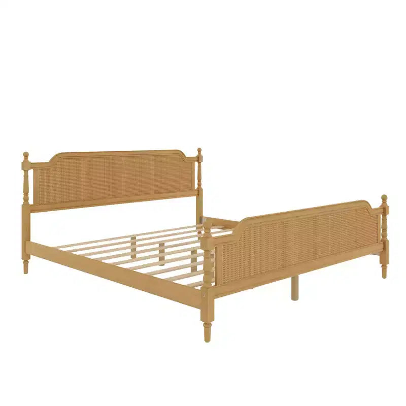 Merax Rustic & Retro Traditional Rattan Bed Frame with Pine Wood Structure