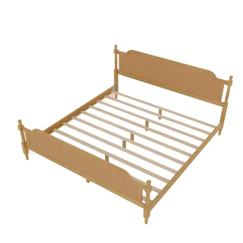 Merax Rustic & Retro Traditional Rattan Bed Frame with Pine Wood Structure