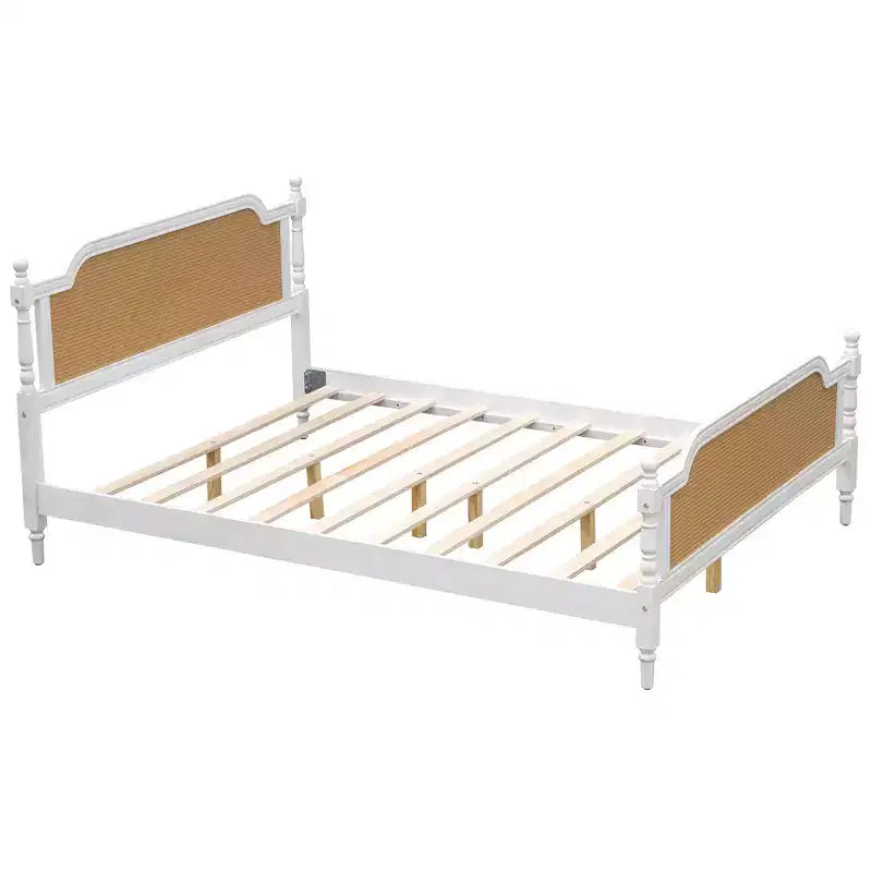 Merax Rustic & Retro Traditional Rattan Bed Frame with Pine Wood Structure