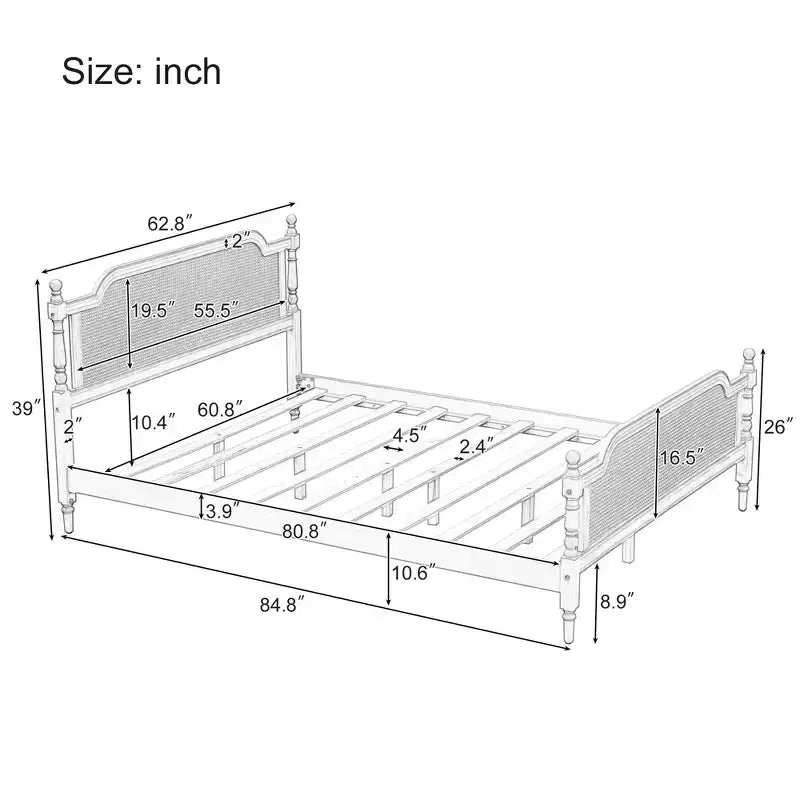 Merax Rustic & Retro Traditional Rattan Bed Frame with Pine Wood Structure