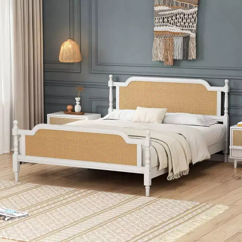 Merax Rustic & Retro Traditional Rattan Bed Frame with Pine Wood Structure