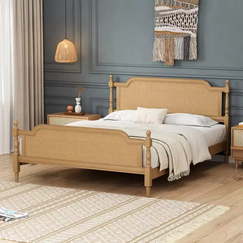 Merax Rustic & Retro Traditional Rattan Bed Frame with Pine Wood Structure