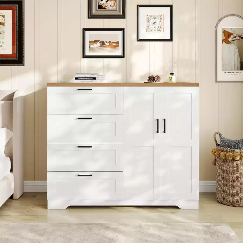 43.3''H Armoire Wardrobe Closet with 4 Drawers and 2 Doors,Hanging Rod,Multifunctional Wooden Dresser with Storage Closet,Bathroom Cabinet for Bedroom