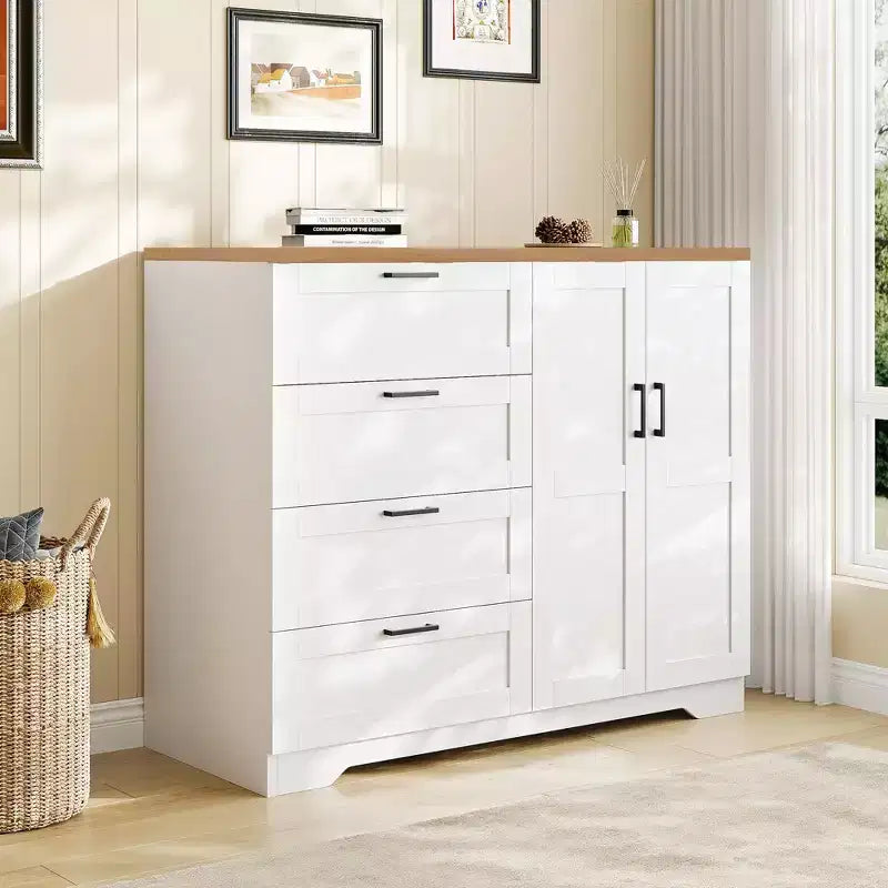 43.3''H Armoire Wardrobe Closet with 4 Drawers and 2 Doors,Hanging Rod,Multifunctional Wooden Dresser with Storage Closet,Bathroom Cabinet for Bedroom