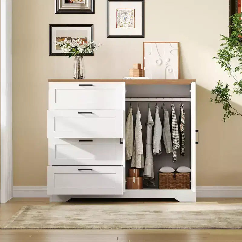 43.3''H Armoire Wardrobe Closet with 4 Drawers and 2 Doors,Hanging Rod,Multifunctional Wooden Dresser with Storage Closet,Bathroom Cabinet for Bedroom
