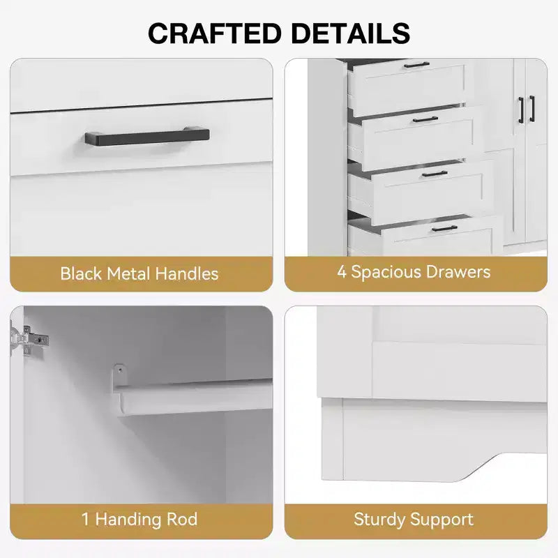43.3''H Armoire Wardrobe Closet with 4 Drawers and 2 Doors,Hanging Rod,Multifunctional Wooden Dresser with Storage Closet,Bathroom Cabinet for Bedroom