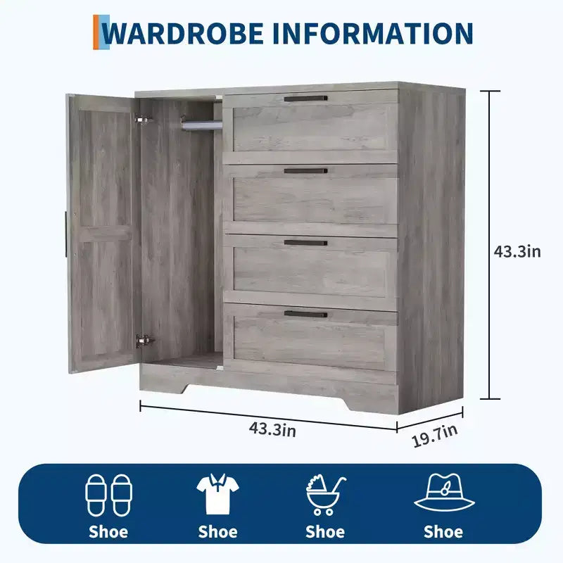 43.3''H Armoire Wardrobe Closet with 4 Drawers and 2 Doors,Hanging Rod,Multifunctional Wooden Dresser with Storage Closet,Bathroom Cabinet for Bedroom