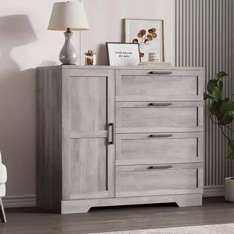 43.3''H Armoire Wardrobe Closet with 4 Drawers and 2 Doors,Hanging Rod,Multifunctional Wooden Dresser with Storage Closet,Bathroom Cabinet for Bedroom
