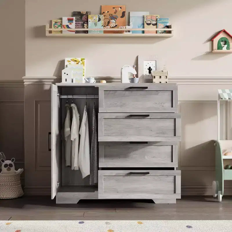 43.3''H Armoire Wardrobe Closet with 4 Drawers and 2 Doors,Hanging Rod,Multifunctional Wooden Dresser with Storage Closet,Bathroom Cabinet for Bedroom