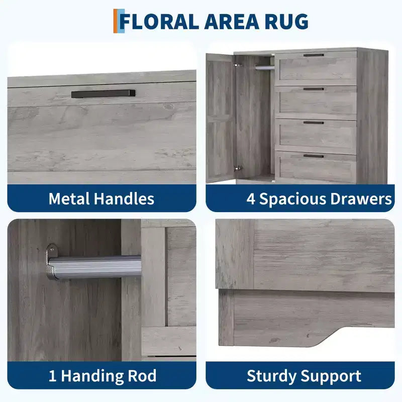 43.3''H Armoire Wardrobe Closet with 4 Drawers and 2 Doors,Hanging Rod,Multifunctional Wooden Dresser with Storage Closet,Bathroom Cabinet for Bedroom