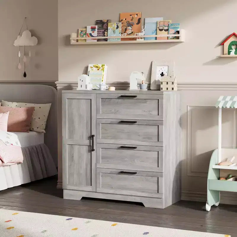 43.3''H Armoire Wardrobe Closet with 4 Drawers and 2 Doors,Hanging Rod,Multifunctional Wooden Dresser with Storage Closet,Bathroom Cabinet for Bedroom