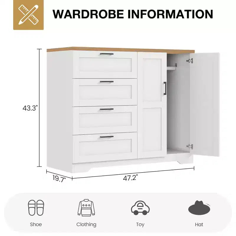 43.3''H Armoire Wardrobe Closet with 4 Drawers and 2 Doors,Hanging Rod,Multifunctional Wooden Dresser with Storage Closet,Bathroom Cabinet for Bedroom