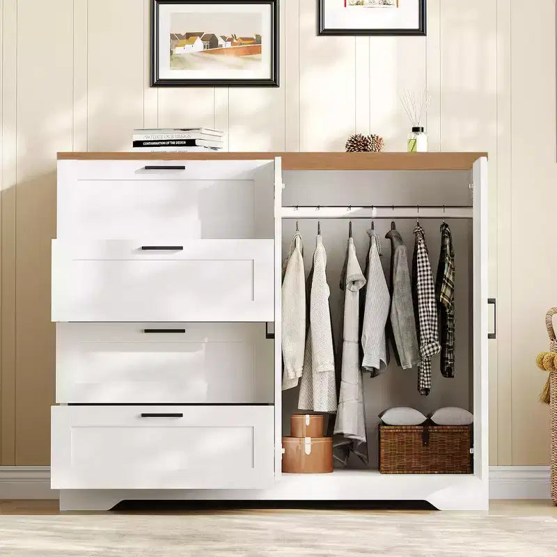 43.3''H Armoire Wardrobe Closet with 4 Drawers and 2 Doors,Hanging Rod,Multifunctional Wooden Dresser with Storage Closet,Bathroom Cabinet for Bedroom