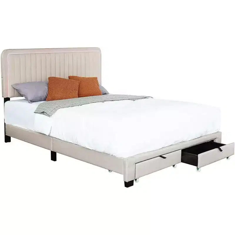 Queen Size Upholstered Bed Frame, 43.5''/ 47.5'' Adjustable Tufted Headboard, 2 Drawers, Storage for Bedroom, Beige