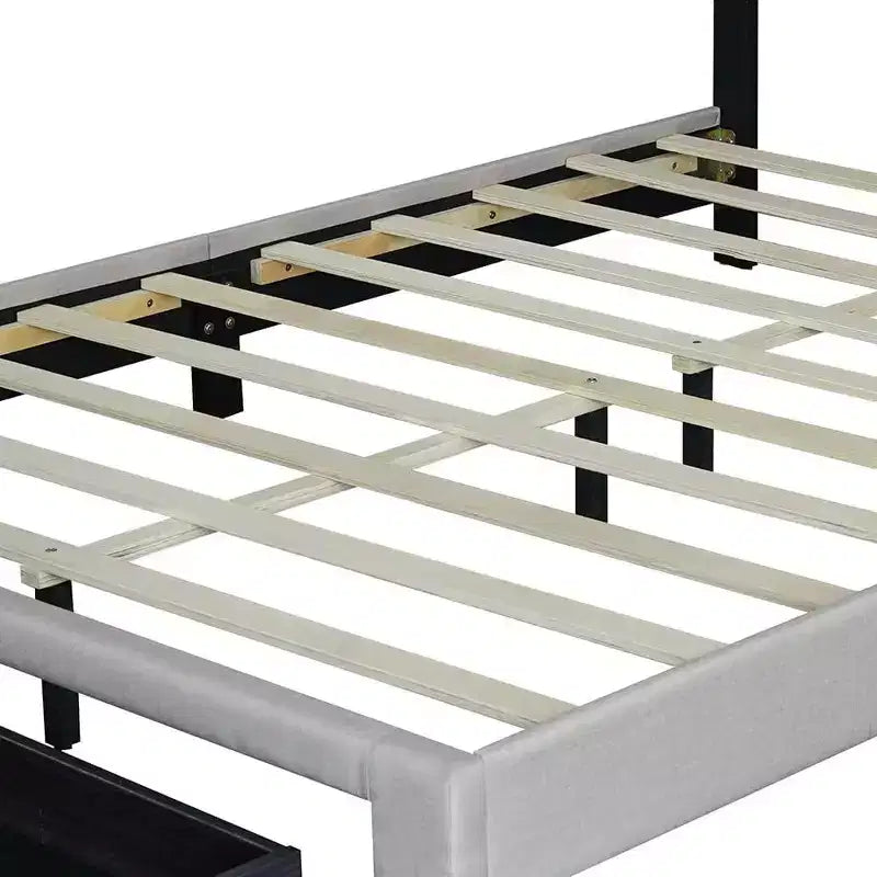 Queen Size Upholstered Bed Frame, 43.5''/ 47.5'' Adjustable Tufted Headboard, 2 Drawers, Storage for Bedroom, Beige