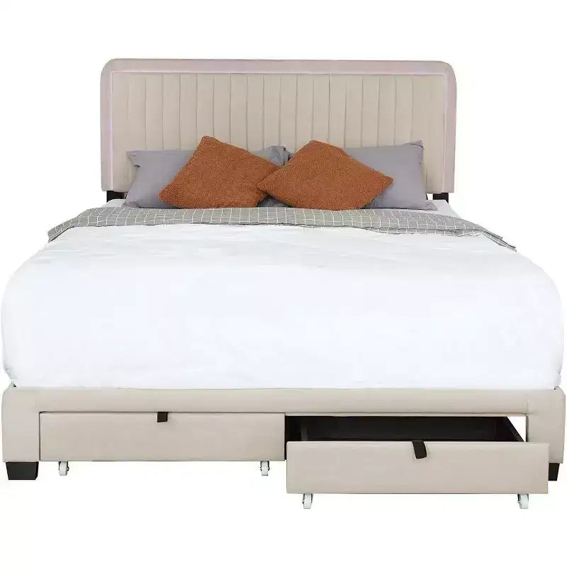 Queen Size Upholstered Bed Frame, 43.5''/ 47.5'' Adjustable Tufted Headboard, 2 Drawers, Storage for Bedroom, Beige