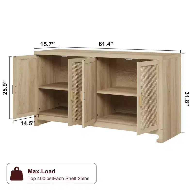 61 Sideboard Buffet Cabinet, Rattan Coffee Bar Cabinet, Entryway Console Table, Multifunctional TV Stand, Floor Cupboard Cabinet for Kitchen