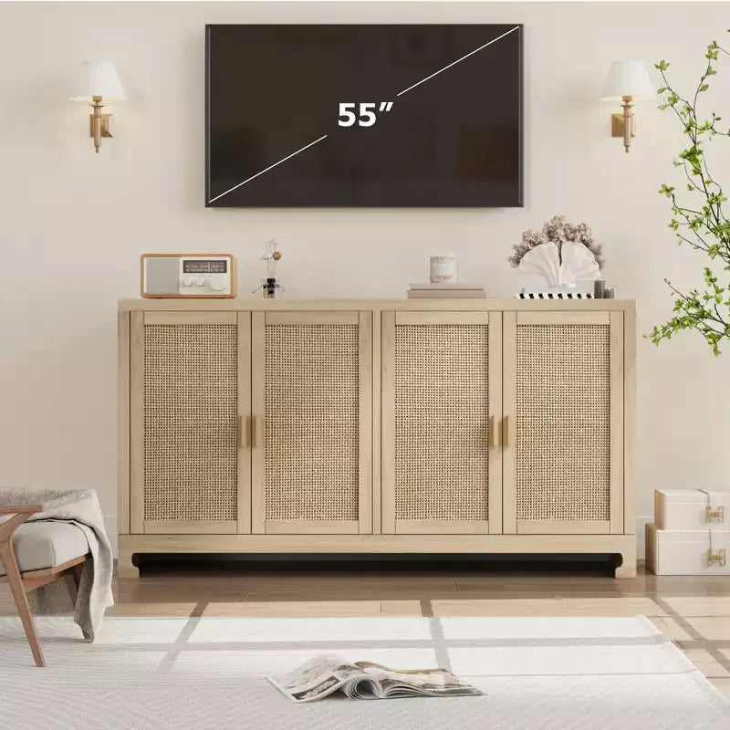 61 Sideboard Buffet Cabinet, Rattan Coffee Bar Cabinet, Entryway Console Table, Multifunctional TV Stand, Floor Cupboard Cabinet for Kitchen