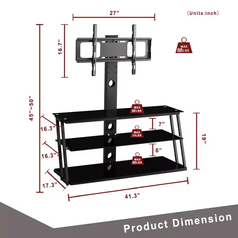 GDFStudio Gill Angle And Height Adjustable Metal Tube TV Stand with Tempered Glass Shlves