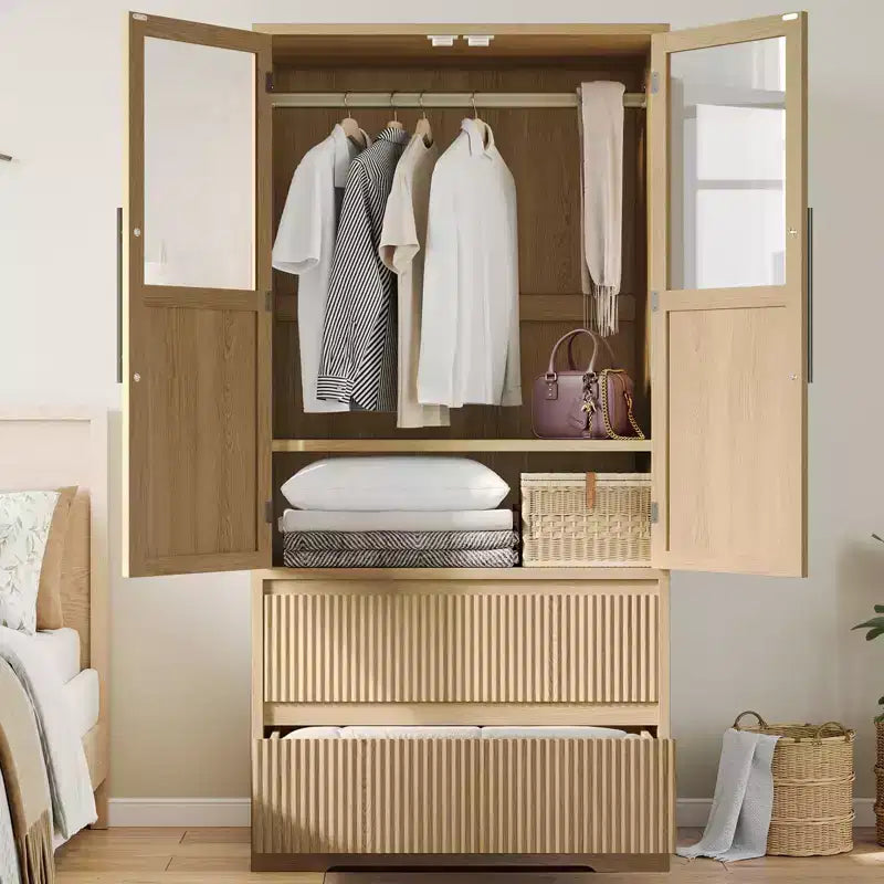 Bedroom Wooden Armoire Wardrobe Closet, Wardrobe Armoire Cabinet with 2 Drawers, Freestanding Armoire with Shelves & Hanging Rod